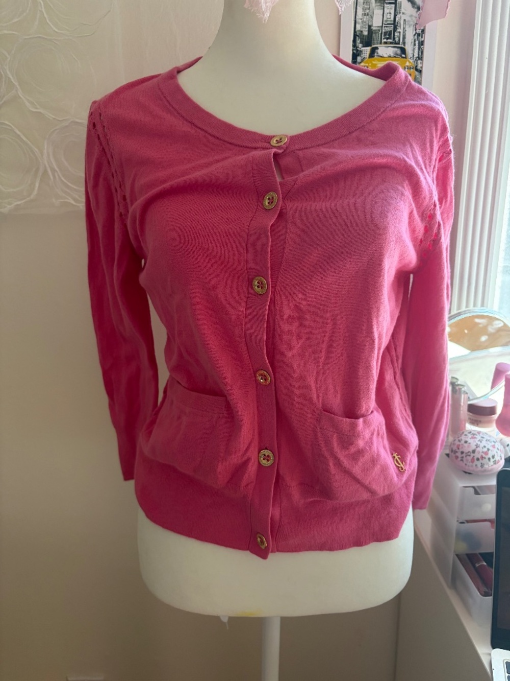 Vintage Y2K Juicy Couture Hot Pink Cardigan with Gold JC Charm Details A05
